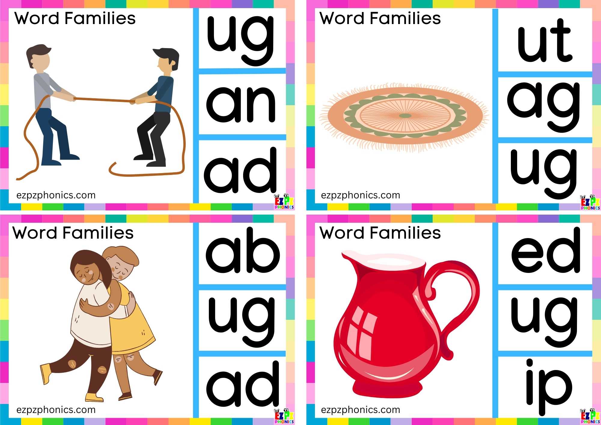 Look at the image and clip the correct letters Clip cards for word family ug group 1